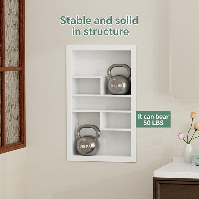 Stainless Steel Recessed Medicine Cabinet 14 * 24, Rust-proof Metal Wall Niche, In Wall Shower Niche Shelf Insert Replacement, Recessed Medicine Cabinets for Drywall, with 5 Compartments, White