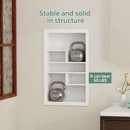 Stainless Steel Recessed Medicine Cabinet 14 * 24, Rust-proof Metal Wall Niche, In Wall Shower Niche Shelf Insert Replacement, Recessed Medicine Cabinets for Drywall, with 5 Compartments, White
