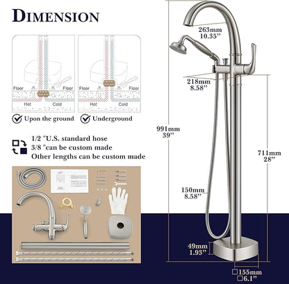 Free Standing Tub Faucet, Hanallx Luxury Brushed Nickel Freestanding Bathtub Faucet with Sprayer, Premium Brass High Flow Rate Floor Mount Tub Filler Swivel Spout, Roman Tub Faucet Set（HM88011-BN）