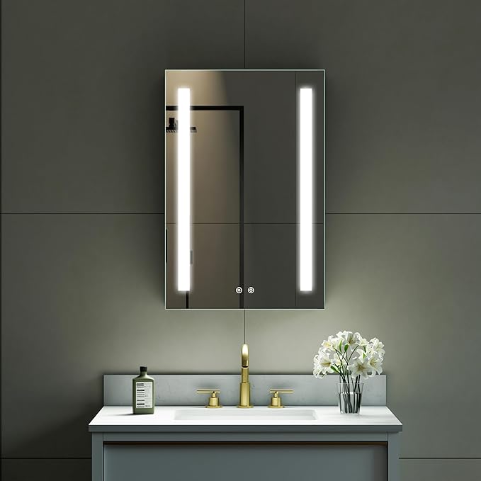 WELLFOR 20" X 30" LED Medicine Cabinet with Mirror, Single Left Opening Door, Recessed or Surface Cabinet Mirror, Bathroom Mirror Cabinet, Medicine Cabinet with Lights with Outlets & USB Ports