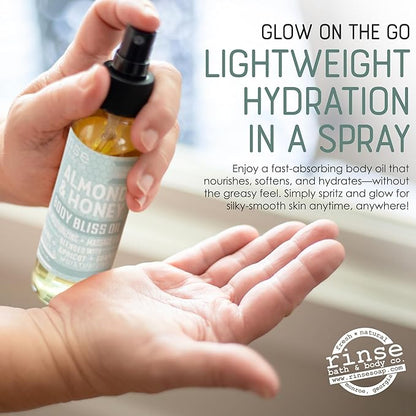 Rinse Bath & Body Almond & Honey Body Oil Moisturizer Spray - Natural Lightweight Fast Absorbing with Squalane, Grapeseed, Apricot & Vitamin E Oil for All Skin Types, 4 fl oz