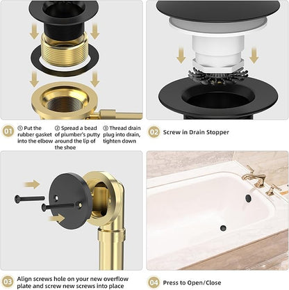 Matte Black Tub Drain Kit with Hair Catcher, Premium Brass Mushroom Tip-Toe Bathroom Tub Drain Replacement and 2-Hole Overflow Faceplate, 11.5/16 UNC Bathtub Drain Stopper Assembly