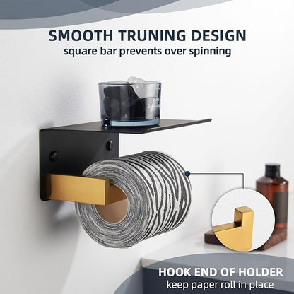Angle Simple Toilet Paper Holder with Shelf, 304 Stainless Steel Bathroom Tissue Roll Holder for Wall Black and Gold