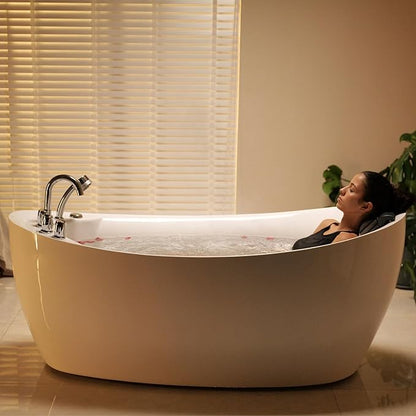67 in. Acrylic Freestanding Bath Tub Hydromassage Gracefully Oval Shaped 7 Water Jets Soaking SPA, Single-Ended Massage Bathtubs with Pillow, White