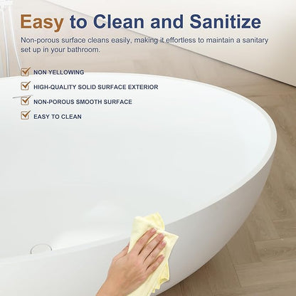 SJ STAR&JANE 67" x 39" Matte White Solid Surface Freestanding Bathtub, Oval Soaking Extra Wide Tub with Overflow and Pop-up Drain for Bathroom