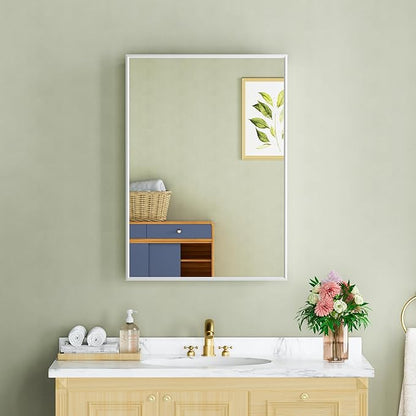 Buruis 20" x 28" Framed Medicine Cabinet with Mirror, Recessed or Wall Mounted Bathroom Cabinet, Adjustable Tempered Glass Shelves, Left/Right Open Reversible, No Assembly Required, White