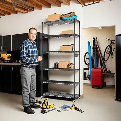 6 Tier Storage Racks Shelving, Heavy Steel Pantry Shelves, Adjustable Wire Shelving Rack with Wheels, Suitable for Garage, Kitchen, Bathroom, Office, 35" W x 16" D x 73" H, Black