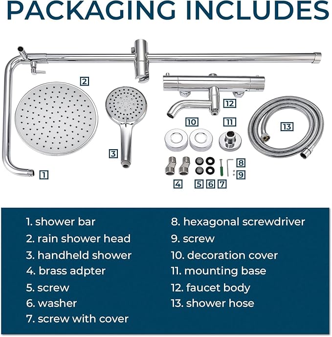 Outdoor Shower Faucet Set 8" Round Shower Head 3 Function Thermostatic Rainfall Shower Faucet Set Handheld Sprayer with Constant Temperature Polished Chrome with Height Adjustable Slide Bar