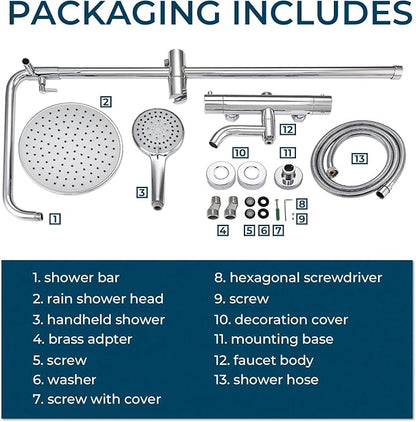 Outdoor Shower Faucet Set 8" Round Shower Head 3 Function Thermostatic Rainfall Shower Faucet Set Handheld Sprayer with Constant Temperature Polished Chrome with Height Adjustable Slide Bar