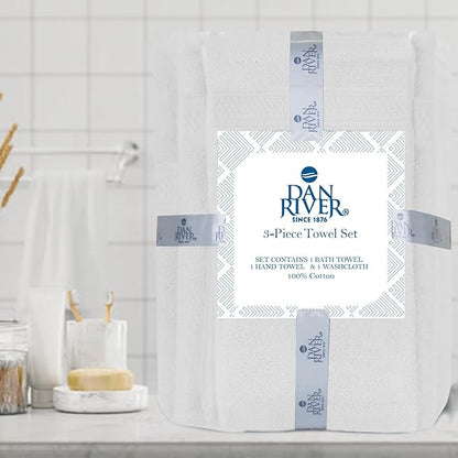 DAN RIVER 100% Ring Spun Cotton 3-Piece Towel Set, White, Bath Towel, Hand Towel and Washcloths, 550 GSM - Soft, Absorbent Quick Dry Cotton Towels for Bathroom, Spa, and Gym