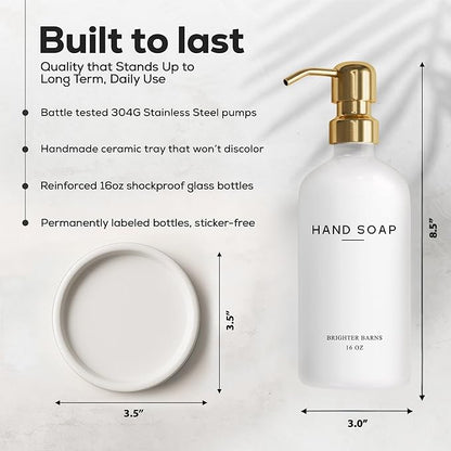 Luxury Glass Hand Soap Dispenser Bathroom Set by Brighter Barns - Hand Soap Dispenser with Stainless Steel Pump - Glass Bottle with Round Tray - White and Gold Bathroom Decor & Accessories (Gold)