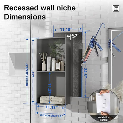 Bathbliss Shower Niche, No‑Tile Recessed Wall Niche, 11.18"x22.3" SUS304 Stainless Steel Double Shelf, Leak‑Proof Waterproof for Bathroom Storage, Grey Shower Niche