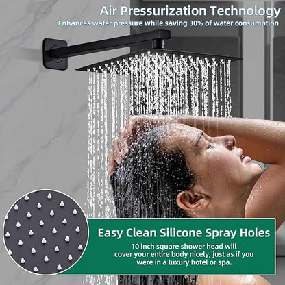 Shower Faucet Set with Brass Durable Trim, 10 Inch Square Rainfall Shower Head, High Pressure Handheld Shower, Easy-Clean Silicone Nozzles, Wall Mounted Black Shower System