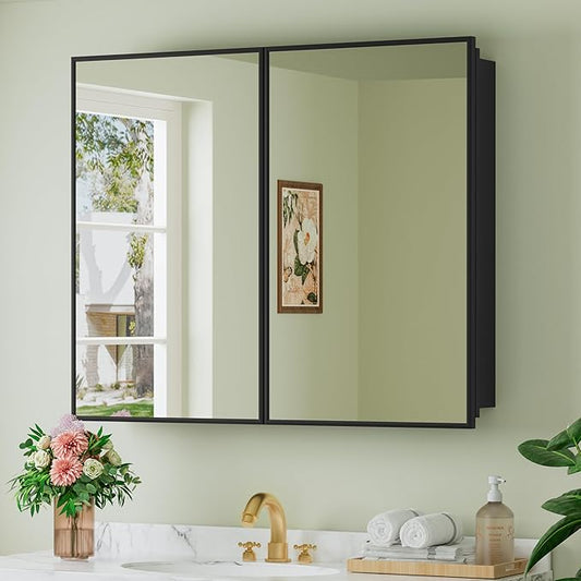 Buruis 36" x 30" Framed Medicine Cabinet with Mirror, Recessed or Wall Mounted Bathroom Cabinet, Adjustable Tempered Glass Shelves, Left/Right Open Reversible, No Assembly Required, Black