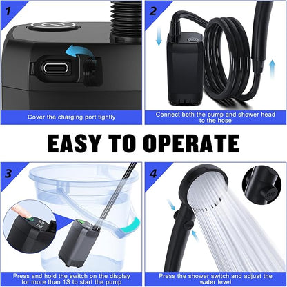 Portable Shower for Camping, [Long-Lasting] Spopal 6000mAh Rechargeable Camping Shower with Intelligent LED Display, 4 Spray Modes, IPX7 Waterproof Outdoor Camp Pump for Hiking, Travel, Car, Pet