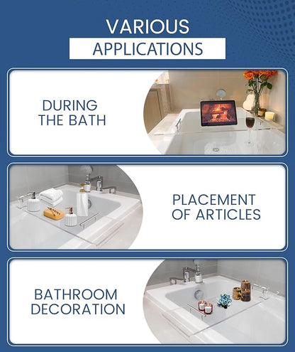 Acrylic Bathtub Tray Clear Bathtub Caddy Bath Tray Table for Tub Luxury Spa with Book and Wine Glass Holder Bathroom Accessories for Bathroom Decoration, Transparent 35.4inch