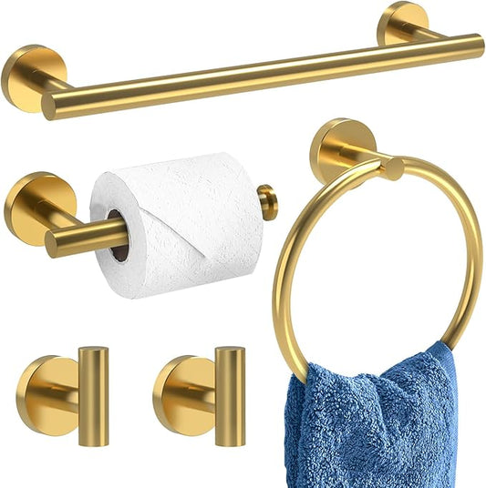 Brushed Gold Bathroom Accessories, Bathroom Hardware Set, SUS304 Stainless Steel Bathroom Towel Holder Set, 16 Inch Towel Bar Set 5 Pcs, 2 Towel Hooks, Toilet Paper Holder, Towel Ring