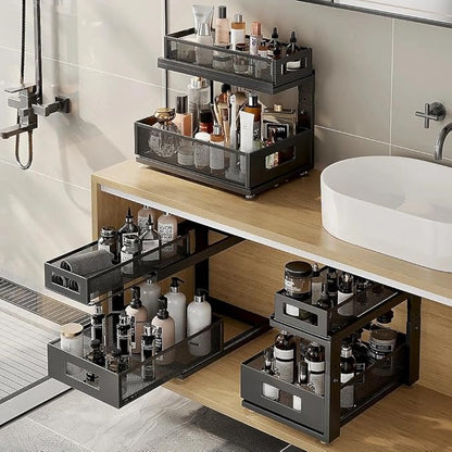 1 Pack 10.8"-14.9" H Under Sink Organizers and Storage Height Adjustable,2-Tier Pull Out Under Cabinet Shelf Organizer,Multi-Use Slide Out Drawer for Bathroom Kitchen Laundry-Black