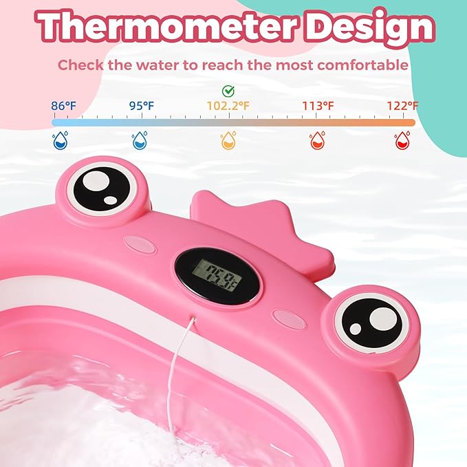 Baby Bathtub,Collapsible Baby Bath Tub with Soft Cushion & Thermometer, Space Saving Foldable & Travel Newborn Bathtub for Infant to Toddler 0-36 Months, Frog Gray