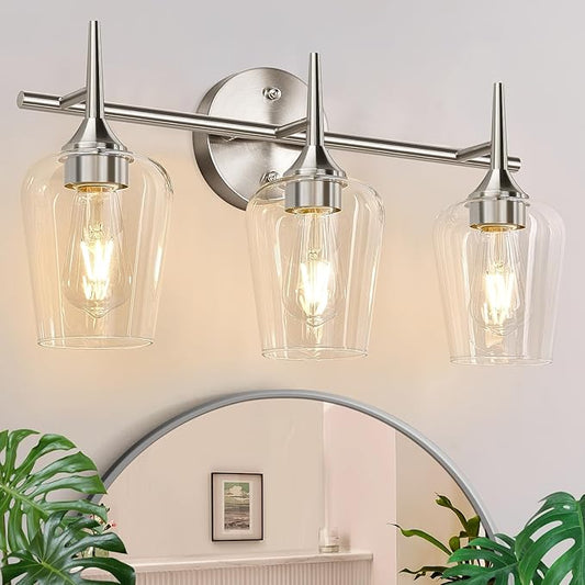 3-Light Bathroom Light Fixtures, 19.5 in Brushed Nickle Vanity Lights for Bathroom with Clear Glass, Bathroom Lighting Fixtures Over Mirror, Modern Wall lamp for Cabinet Hallway