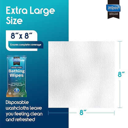 Body Wipes for adults bathing no rinse | Adult Wash Cloths Extra Large, Bathing Wipes for Incontinence, 8"x 8" In (192 count Bulk Pack) | By Inspire