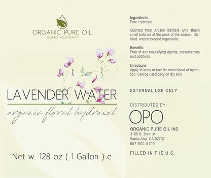 OPO Lavender Water Hydrosol - Pure Steam Distilled Natural Non GMO Calming Bulk Body, Face, Facial Toner, Aromatherapy, Set Makeup, Cleanser Mist Spritz (128 oz / 1 Gallon)