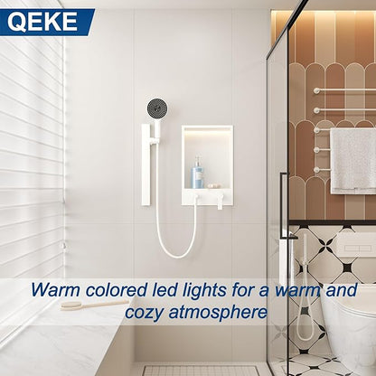 Shower Niche with Round Hand Shower, Sliding Bar and LED Light in Matte White/Vertical