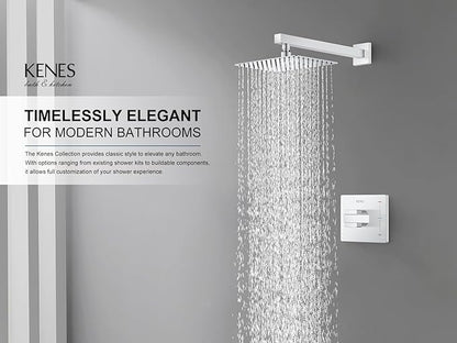 KENES Modern Polished Chrome 10-Inch Shower Head and Handle Set, Square Shower Faucet Set Bathroom Rainfall Shower System, KE-6024B-5 (Shower Valve Included)