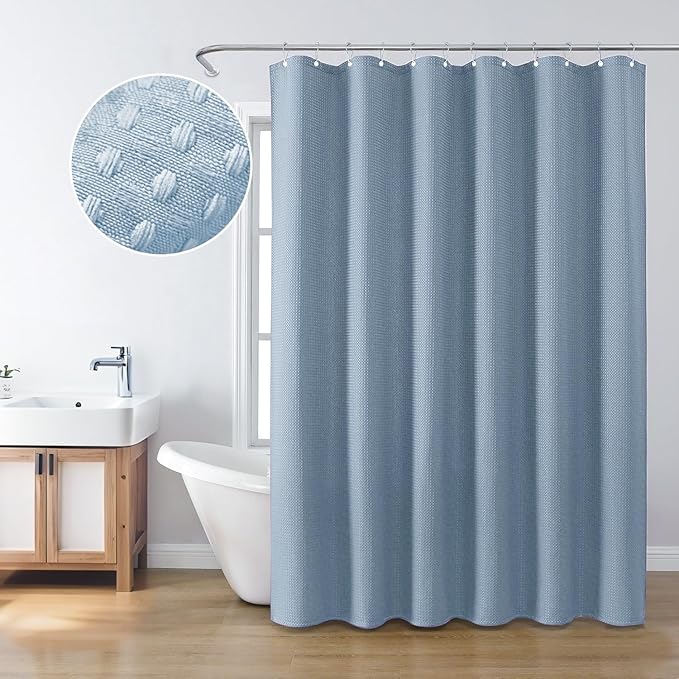Inhousolu Fabric Shower Curtain Waffle Weave, Fog Blue 230 GSM Heavy Duty, Weighted Hem, 14 Metal Hooks, Water Repellent, Machine Washable, Hotel Spa Luxury Bath Curtain Set, 72 x 96 Inch