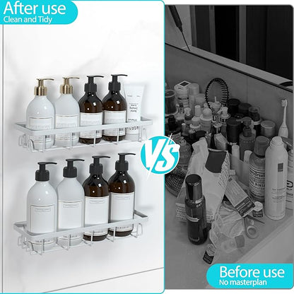 Shower Caddy Organizer with Hooks,Self Adhesive Bathroom Shelves,No Drilling Bathroom Organizers and Storage,Perfect for RV, Apartment, Home Decor,2 Pack White