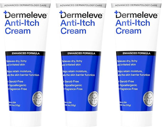 Dermeleve Steroid Free Anti-Itch Cream | Extra Strength for Psoriasis, Seborrheic Dermatitis, Viral Rash, Bug Bites, Allergy, Chronic Hives, Neuropathy (Nerve) | Full Body Itch Relief | 4 oz (3 Pack)