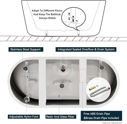 FerdY Nauru 59" Freestanding Bathtub,Gracefully Shaped Freestanding Soaking tub, Glossy White, cUPC Certified, Chrome Drain & Classic Slooted Overflow Assembly Included