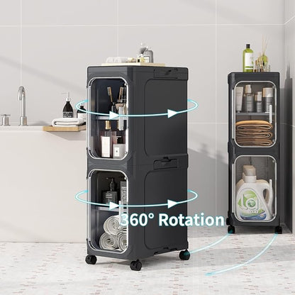 KHNR 2-Tiers Slim Bathroom Storage Cabinet, Foldable Storage Cabinets,Narrow Bathroom Storage,Movable Bathroom Storage Organizer for Small Spaces,Bathroom,Kitchen,Laundry,Black