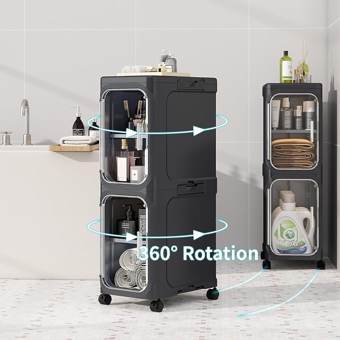 KHNR 5-Tiers Slim Bathroom Storage Cabinet, Foldable Storage Cabinets,Narrow Bathroom Storage,Movable Bathroom Storage Organizer for Small Spaces,Bathroom,Kitchen,Laundry,Black