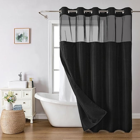 No Hooks Needed Linen Textured Shower Curtain with Snap-in Fabric Liner Set,Black Hotel Luxury Decor Shower Curtains for Bathroom,Waterproof & Washable,71Wx77H