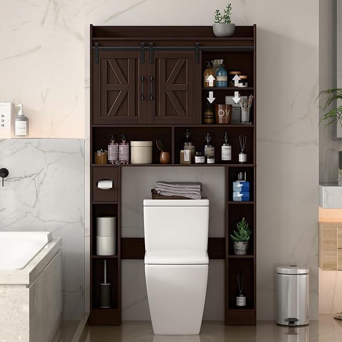 Over The Toilet Storage Cabinet, Farmhouse Toilet Cabinet Rack with Barn Doors, Space Saving Bathroom Organizer with Shelves, Toilet Paper Holder and Towel Rack for Bathroom,Restroom,Laundry,Walnut