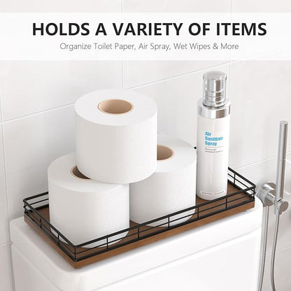 Toilet Paper Basket Organizer – Oak Wood Toilet Tank Tray with Metal Frame, Back of Tank or Top Bathroom Counter Storage – Black & Brown Modern Decor
