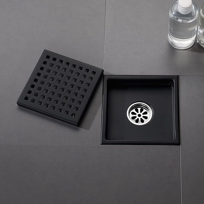 6 Inch Shower Drain Brushed Nickel Square with Adjustable Shower Drain Base Flange SUS304 Stainless Steel Floor Drain Cover Removable Mesh Grille