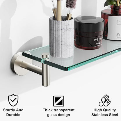 Glass Shelves for Bathroom,20-Inch Brushed Nickel Floating Bathroom Shelf Stainless Steel Tempered Glass Shelf Modern Shelves Wall Mounted