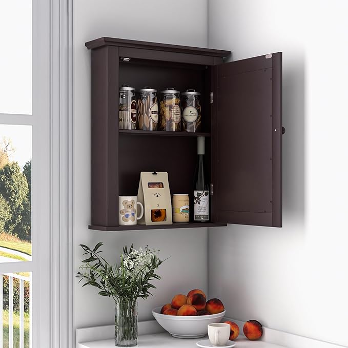 Safeplus Brown Medicine Cabinet with Mirror, Wall Mounted Adjustable Storage for Bathroom, Living Room, Bedroom, Entryway and Kitchen