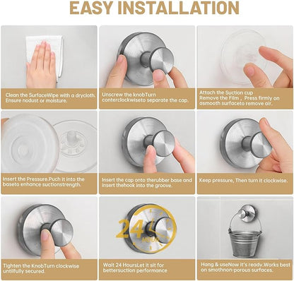 4Pcs New Model No-Drill Suction Cup Hooks for Door Wreaths, Wreath Hangers for Front Door, Suction Cup Hooks for Shower, Removable, Waterproof & Rustproof (Silver)