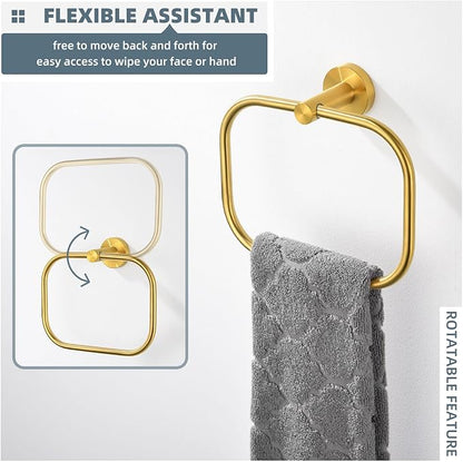 Angle Simple Square Towel Ring Brassy Gold, SUS 304 Stainless Steel Swivel Hand Towel Holder for Bathroom, Wall Mount, 7.87 Inches