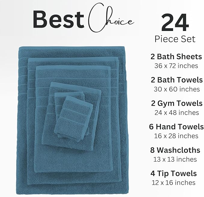Casa Platino 100% Cotton Bathroom Towels Set - 24 Pcs - Ring Spun, Quick Dry, Soft & Absorbent - 2 Bath Sheets, 2 Gym, 2 Bath, 4 Fingertip, 6 Hand Towels, 8 Washcloths - Medium GSM - Steel Blue