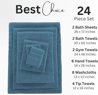 Casa Platino 100% Cotton Bathroom Towels Set - 24 Pcs - Ring Spun, Quick Dry, Soft & Absorbent - 2 Bath Sheets, 2 Gym, 2 Bath, 4 Fingertip, 6 Hand Towels, 8 Washcloths - Medium GSM - Steel Blue