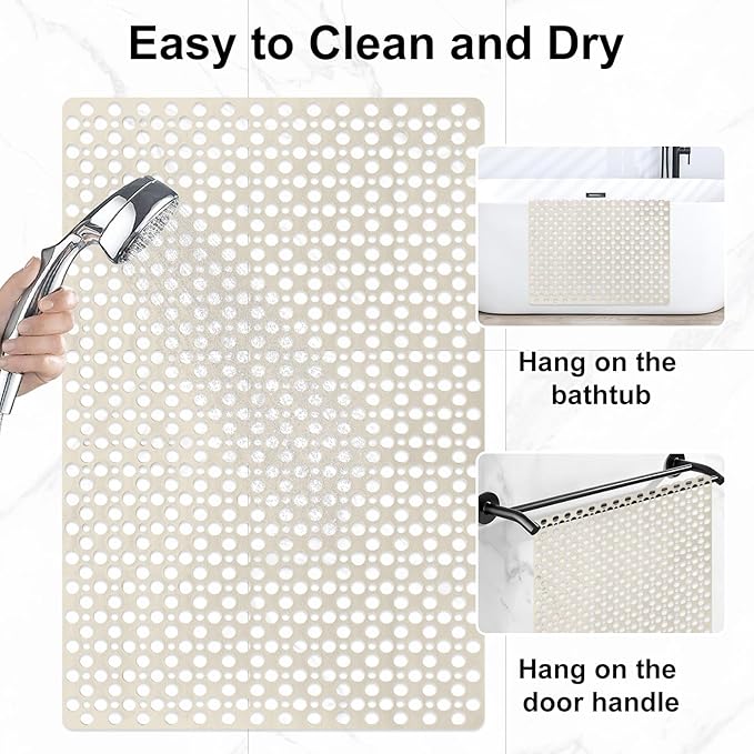 Anti Slip Shower Mat with Suction Cups,31.5x47.2 Inch Quick Drain TPE Non Slip Shower Mats for Inside Shower,Large Bath Mat for Shower Soft on Feet, Easy to Dry&Cut Machine Washable