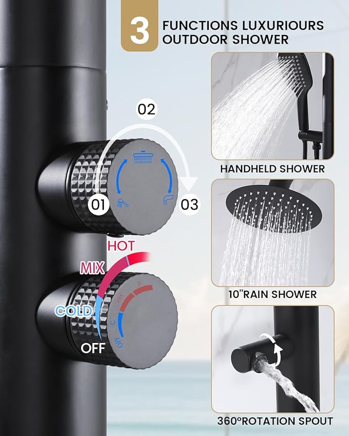 316 Marine Grade Stainless Steel Free Standing Outdoor Shower with Foot Wash, 3-Function Matte Black Shower Kit with 10''Rain Shower Head,Outdoor Shower Fixture for Yard Beach Poolside Garden