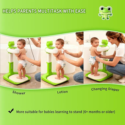 Baby Shower Stand Baby Bath Standing Support with Anti-Slip Soft Mat for 6-36 Months Adjustable Stable Easy Setup Press for Sounds Soporte para Bañera De Bebé Newborns Gift Fits Infants - Green Frog