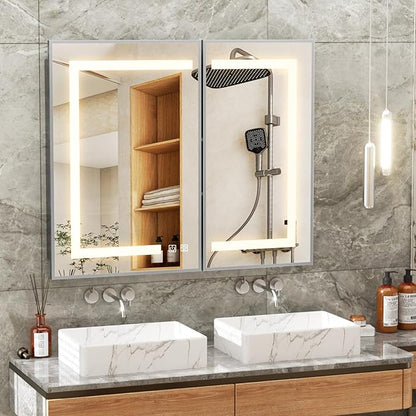 APRILSOUL 36X30 Inch Silver Bathroom Medicine Cabinet with Mirror, Recessed or Surface Lighted Medicine Cabinet with 3 Colors Temperature, Dimmable Light