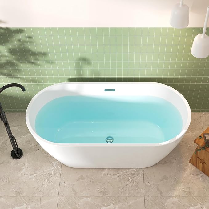 FerdY 59" Bali Elite Acrylic Freestanding Bathtub, Gracefully Shaped Freestanding Soaking Bathtub, Toe-Tap Chrome Drain and Minimalist Linear Design Overflow Included, cUPC Certified