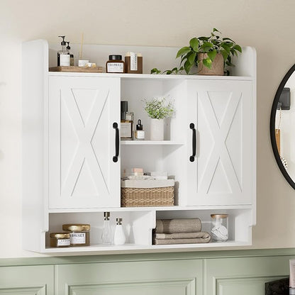 White Bathroom Wall Cabinet, Wall Mount Storage Cabinet, Floating Medicine Cabinet with 4 Open Shelves and 6 Deep Cabinets Over The Toilet for Laundry Room, Kitchen